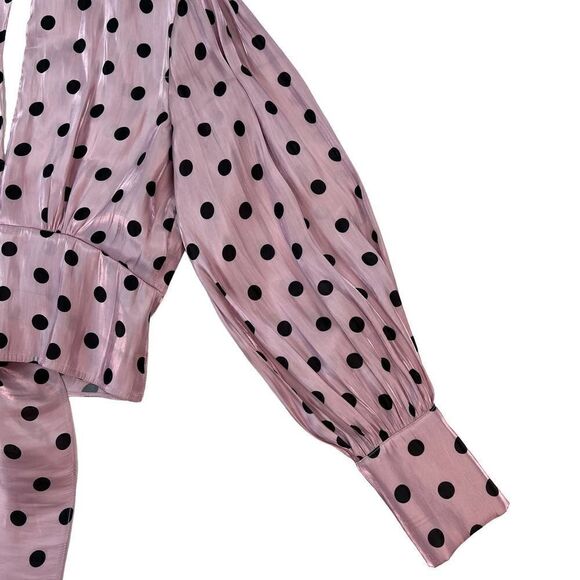 Pre-Loved Deco Lux Open Back Blouse Long Sleeve Crop Top Purple Black Dots US S - Picture 9 of 14